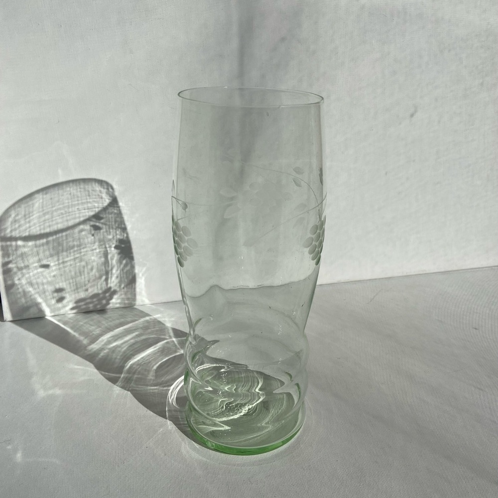 Vintage Green Etched Floral Footed Parfait Glass- Glows under purple light